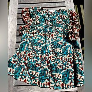 House of Harlow 1960 Floral Top Size XL Cream, Turquoise & Brown 100% Cotton